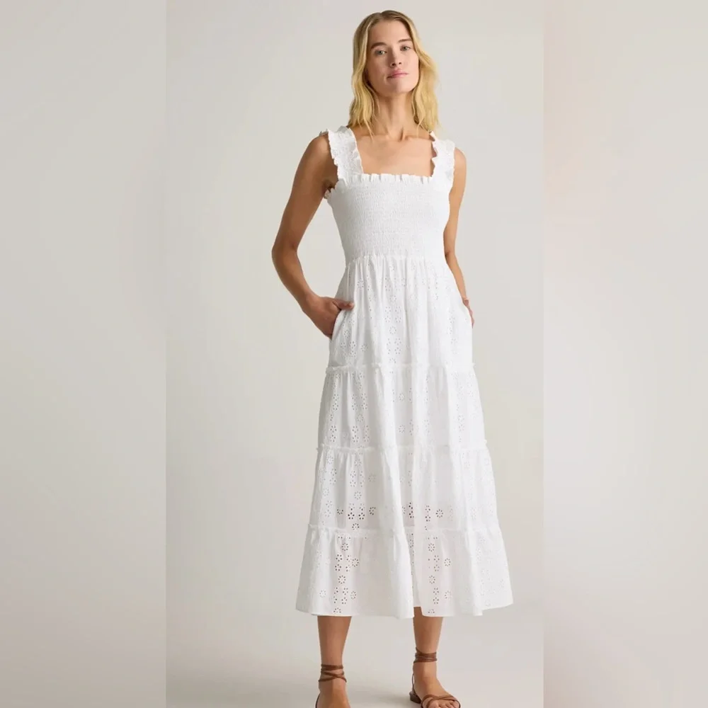 Quince Organic Cotton Eyelet Smocked Midi dress white L - Picture 1 of 8